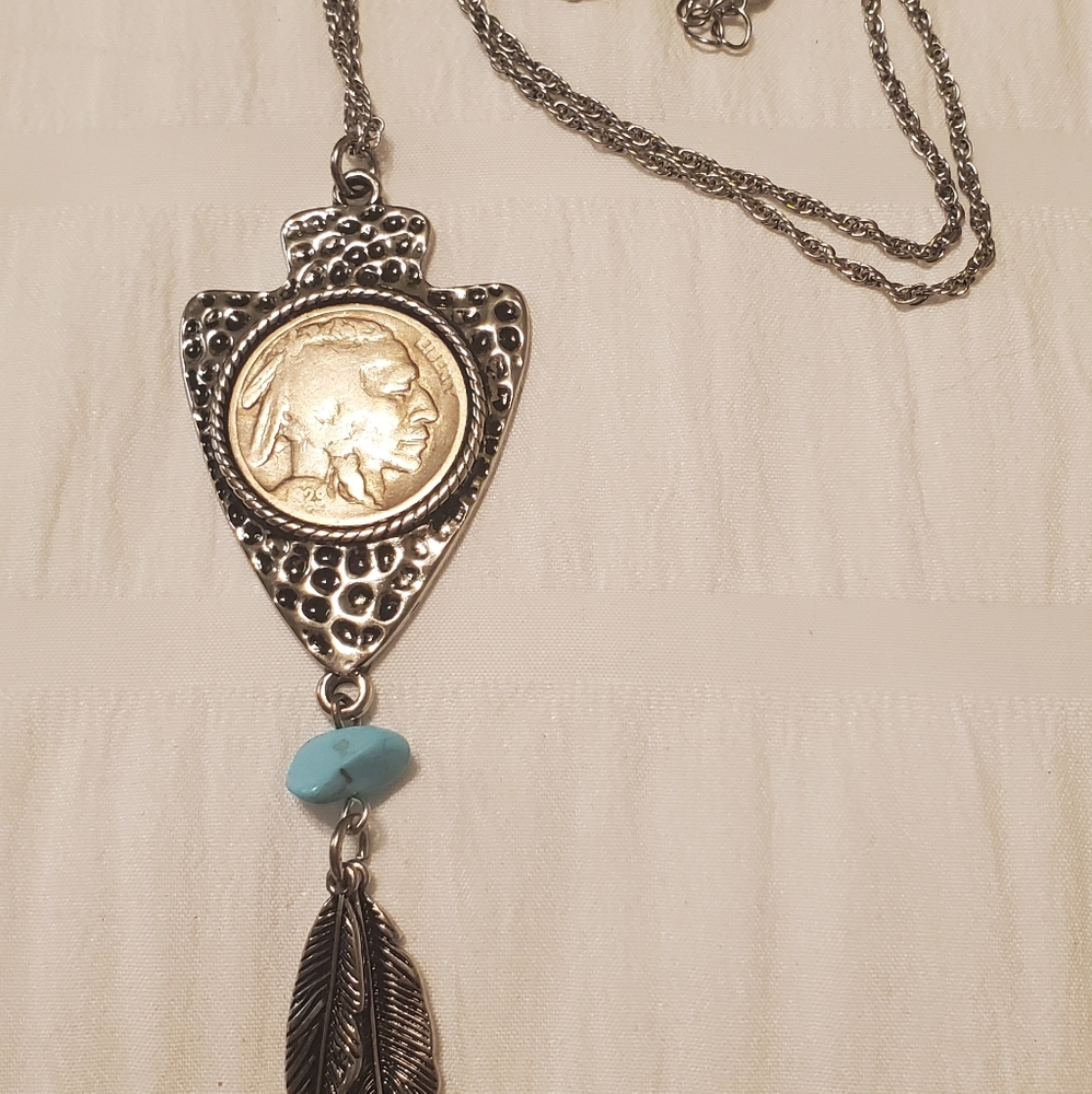 Turquoise, Coin, & Feather Necklace